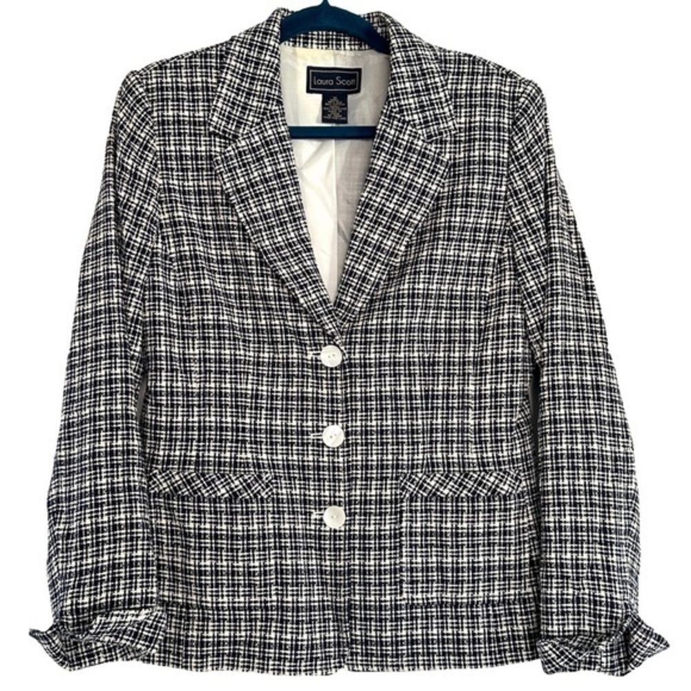 Vtg Laura Scott Silk Blend BLUE WHITE Plaid Tweed Woven Blazer Shell Buttons 10